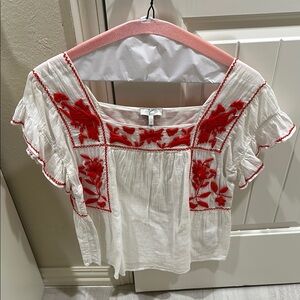 Embroidered White Blouse with Red Floral Design